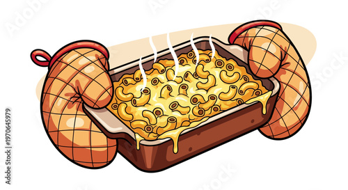 macaroni and cheese dish with oven mitts cartoon illustration