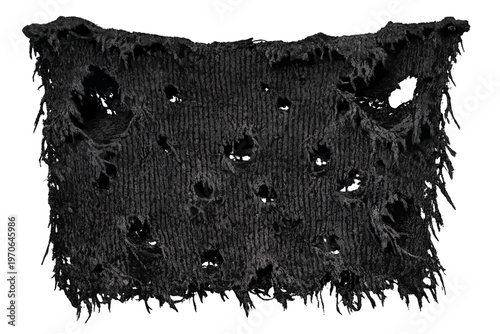 Dark distressed knitted fabric with holes and torn edges on a transparent background