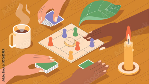 Board game with cards and coffee on a wooden table, candle leaf