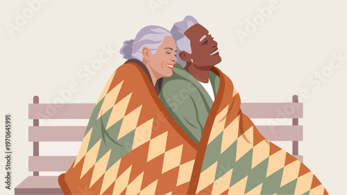 Two senior women embracing under a blanket on a bench, elderly hugging