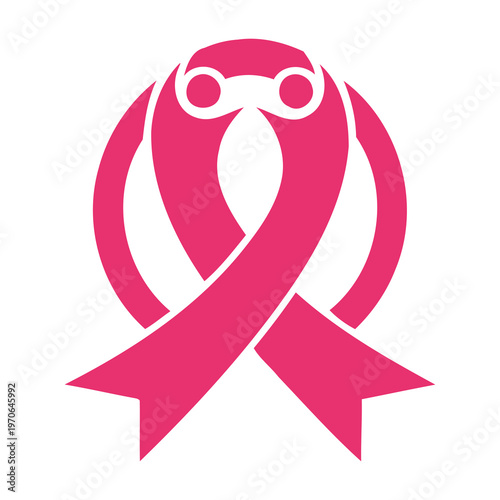 Pink breast cancer awareness ribbon with bowler hat on white background icon