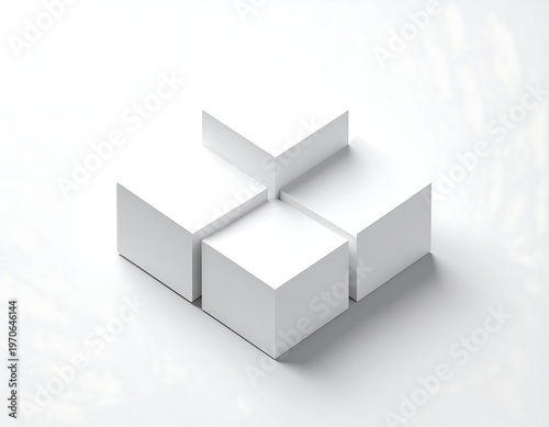 Four interlocking white cubes on a light background
