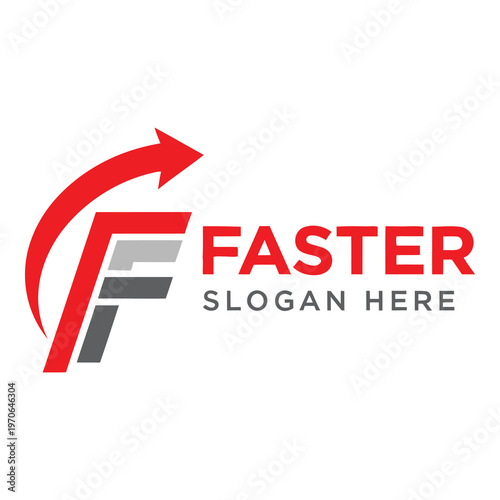 Red and gray faster slogan template with curved arrow logo on white background icon