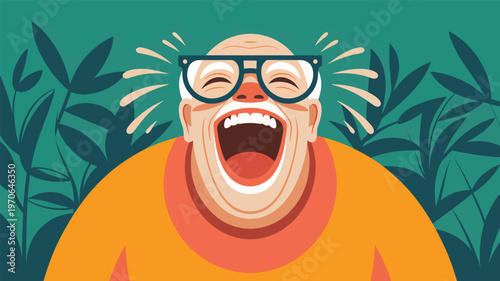 Laughing old man with glasses and green background smiling happily