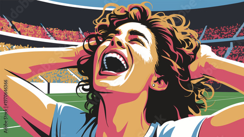 A woman screaming in excitement at a sports stadium excited the crowd