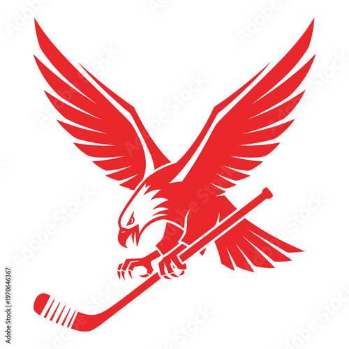 Red eagle holding hockey stick in its claws flying sideways isolated on white background icon