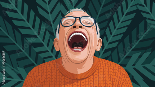 An older man with glasses and an orange sweater is screaming in front of green leaves