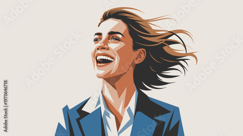 Smiling businesswoman with blowing hair, laughing hair blowing