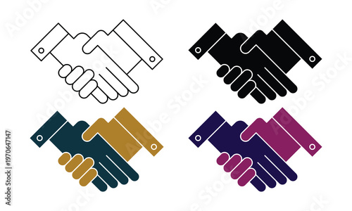 Colorful Handshake Icon Variations Line Solid Teal Golden Purple Monochrome Set