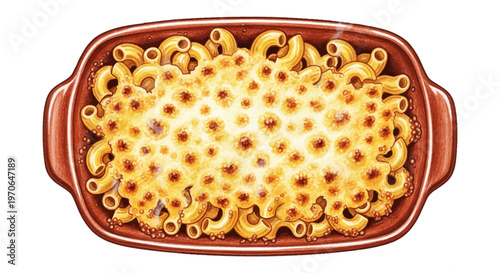 macaroni and cheese casserole in baking dish illustration