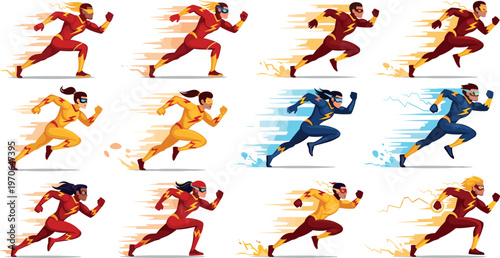 Running Athlete Vector Set with Speed Motion, Sprint Poses, and Dynamic Fitness Action Illustrations