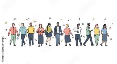 A diverse group of professional individuals walks forward together in a minimalist, stylized vector illustration featuring colorful confetti accents.
