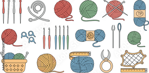 Knitting and Crochet Tools Vector Set with Yarn Balls, Needles, Hooks, and Craft Accessories