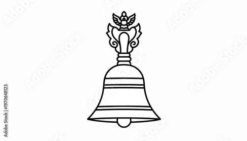 Outline Drawing of a Traditional Bell with Ornate Handle and Winged Figure