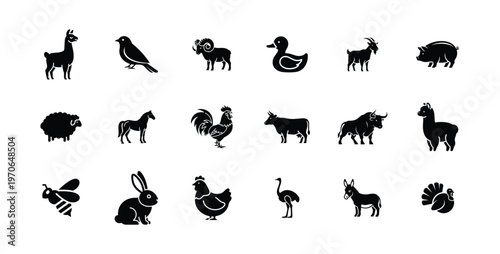 Domestic animal and livestock silhouette icons including llama bird ram duck goat pig sheep horse rooster cow bull bee rabbit chicken ostrich donkey and turkey for agricultural designs.
