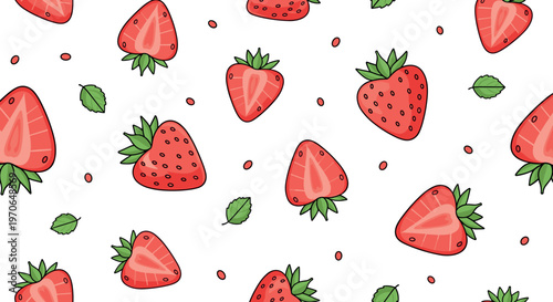Strawberry Pattern Design with Fresh Fruits and Leaves for Sweet and Summer-themed Illustration