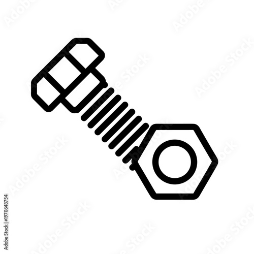 Black Flat Diagonal Bolt and Hex Nut Icon for Hardware and Mechanical Assembly