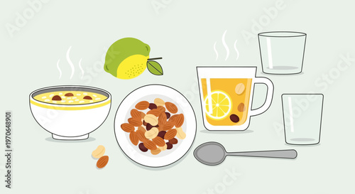 Colorful illustration of healthy breakfast foods with soup, nuts, tea, and lemon on a light green background