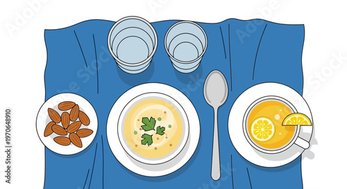 Colorful illustration of table setting with soup, tea, and snacks on blue tablecloth