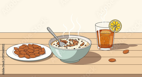 delicious breakfast table setting with oatmeal bowl almonds and tea