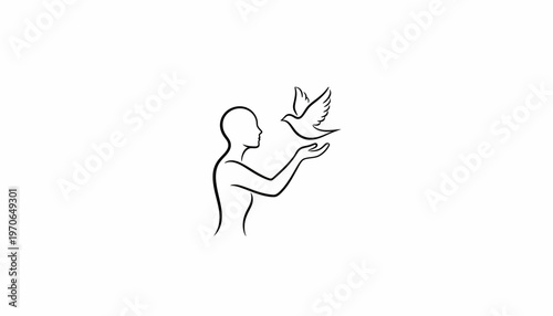 Minimalist line art of a person releasing a bird into the sky, symbolizing freedom and hope.