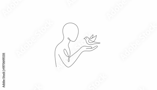 Minimalist line art of a person releasing a bird into the sky, symbolizing freedom and hope.