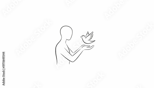 Minimalist line art of a person releasing a bird into the sky, symbolizing freedom and hope