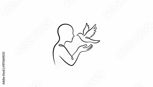 Minimalist line art of a person releasing a bird, symbolizing freedom and hope.