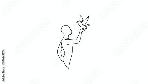 Minimalist line art of a person releasing a bird, symbolizing freedom and hope