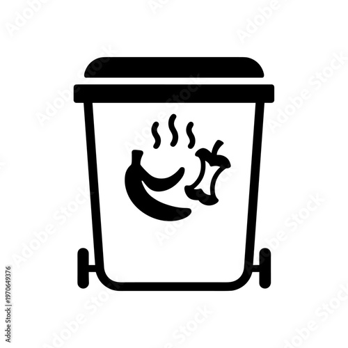 Black Flat Trash Bin with Rotten Banana and Food Waste Steam Icon for Waste Management