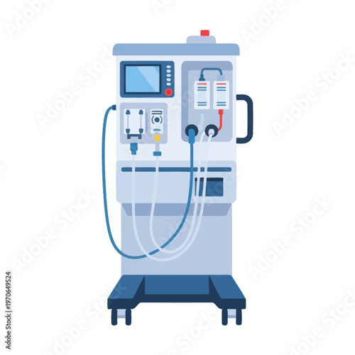 Hemodialysis Machine Medical Vector Illustration, Clinical Renal Failure Treatment Equipment, Modern Hospital Dialysis Device, Flat Healthcare Technology Graphic