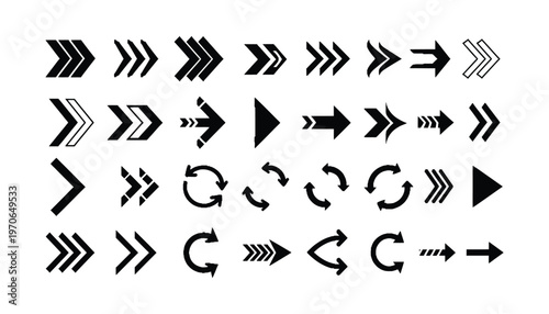 Dynamic collection of bold black arrow vector icons featuring diverse styles including chevrons, pointers, and circular refresh symbols for navigation and design.