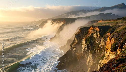 Coastal cliffs meet foamy ocean with light and mist swirling in a landscape