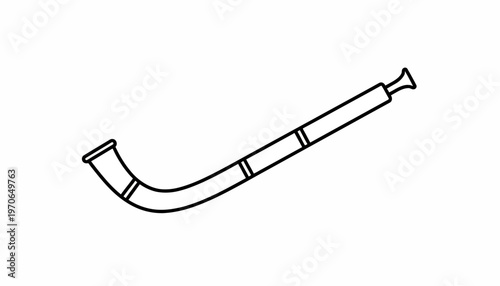Line art illustration of a traditional alphorn, a long wooden horn, isolated on white background