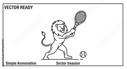 Lion Playing Tennis, Vector Illustration of Animal Athlete Swinging Racquet