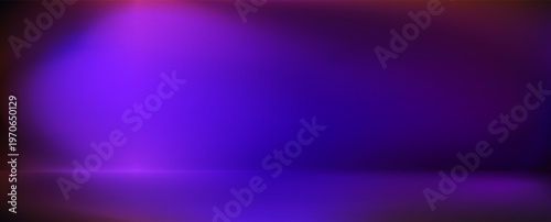 Abstract purple empty studio background. Podium gradient bg. Minimal clean room backdrop. 3d vector limbo scene space. Neon glow lights shelf. Modern dark violet photo studio spotlight mockup