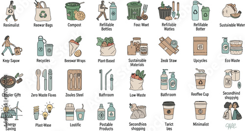 ustainable Living and Eco-Friendly Icons Vector Set with Reusable Bags, Recycling, Composting, and Zero-Waste Lifestyle Design