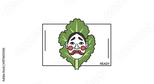 Japanese Noh Mask on Green Leaf Background with "READY" Text