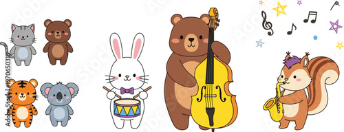 Cute Animal Cartoon Music Band Set with Bear, Rabbit, Squirrel and Forest Friends Playing Instruments, Adorable Kids Illustration Collection Isolated on White Background