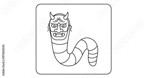 Japanese Oni Mask on a Worm Body - Line Art Illustration