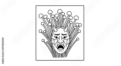 Japanese Oni Mask with Mushrooms, Scary Demon Face, Traditional Art