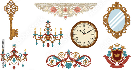 Vintage Decorative Elements Set Featuring Key, Mirror, Clock, Chandelier, Crown, and Ornate Designs for Elegant Illustrations
