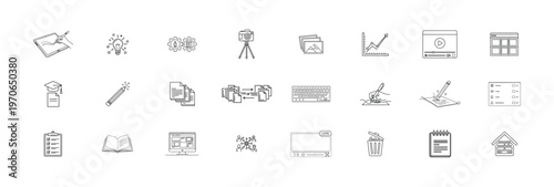 Educational and creative line icons set featuring digital drawing tools bulb idea gears camera photography growth chart video player website layout graduation cap pencil documents keyboard.