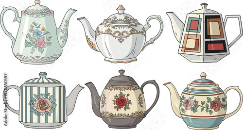 Vintage Teapot Vector Set with Floral Patterns and Elegant Designs for Tea Party, Kitchenware, and Home Decor Illustration