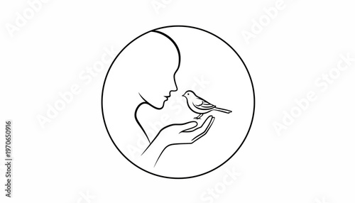 Gentle woman holding a small bird in her hand, close-up profile, nature connection, kindness, compassion