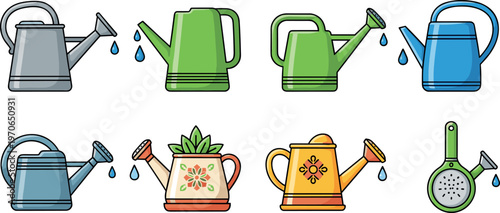 Watering Can and Plant Care Vector Set with Garden Irrigation Tools and Indoor Plant Accessories