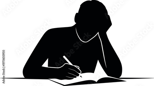 Focused student writing in notebook silhouette minimal black vector illustration for education study concentration homework and academic learning concept use