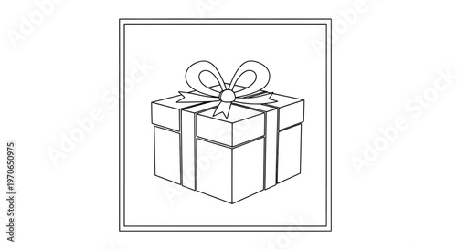 Gift Box with Ribbon and Bow, Simple Line Art Illustration