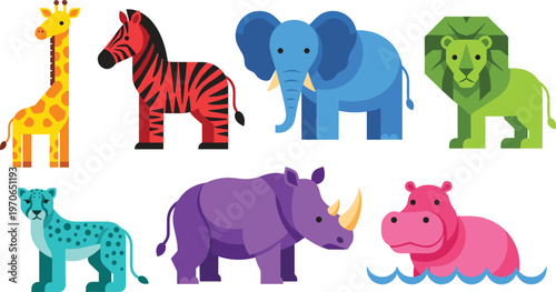 Photography Wild Animal Characters Set Featuring Giraffe, Zebra, Elephant, Lion, Rhino, Leop