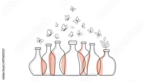 Ethereal illustration of several glass bottle silhouettes with a swarm of butterflies fluttering out of them towards the top.